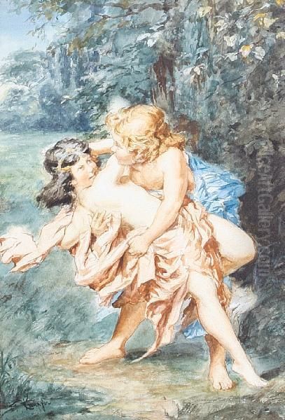 A Nymph And Satyr Oil Painting by Benes Knupfer