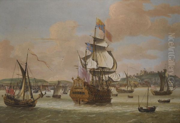 Charles Ii And James, Duke Of York, On Board H.m.s. Triumph, With Three Royal Yachts Off Dover Oil Painting by Jacob Knyff