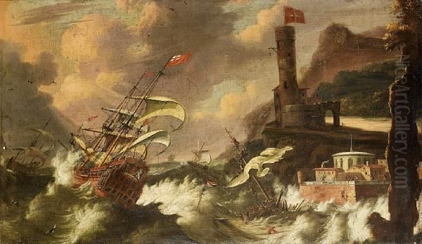 English Shipping Foundering In Stormy Seas Off A Rocky Coastline Oil Painting by Jacob Knyff