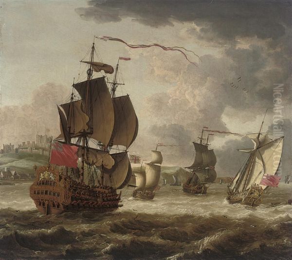 Men-o'war And An Admiralty Yacht In The Channel Off Dover Oil Painting by Jacob Knyff