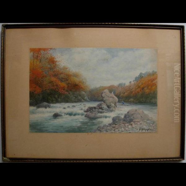 Rafting On A River Oil Painting by Tokusaburo Kobayashi