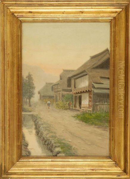 In Western Style Depicting A Figure On A Rural Village Street At Sunset Oil Painting by Tokusaburo Kobayashi