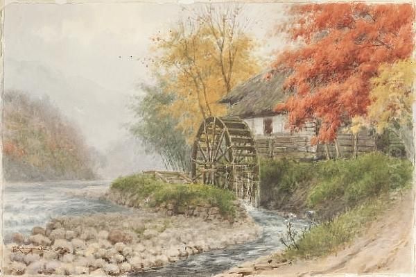 A Japanese Water Mill Oil Painting by Tokusaburo Kobayashi