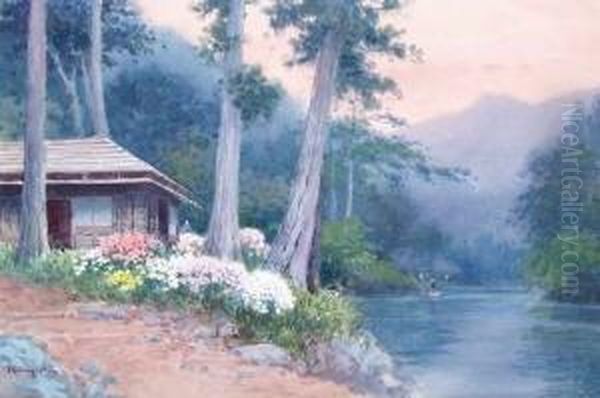 Fluslandschaft In Japan Mit Haus, Bluhenden Blumen Und Zwei Personen Oil Painting by Tokusaburo Kobayashi