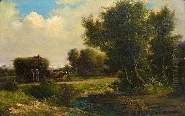 Baumbestandene Landschaft Mit Bauern Bei Der Heuernte Oil Painting by Georg Kobel