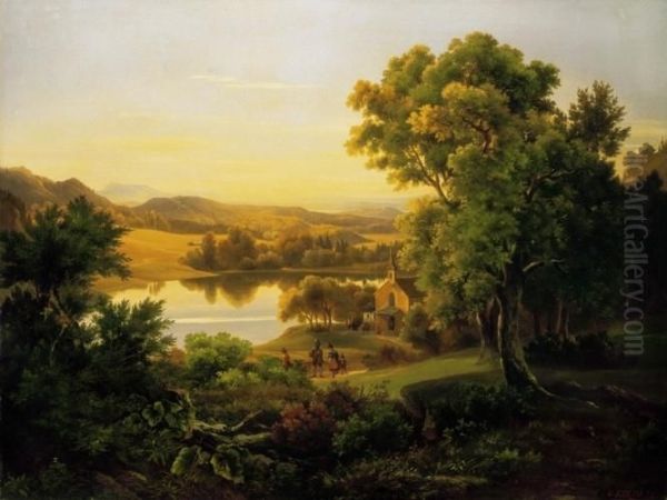 Romantic Landscape With A Lake Oil Painting by Georg Kobel