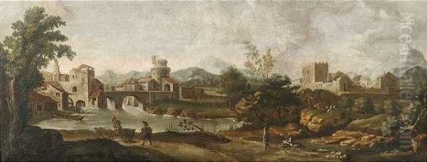 Riverlandscape With Town, Castle, Travellers And Shepherds. Oil Painting by Ferdinand Kobell