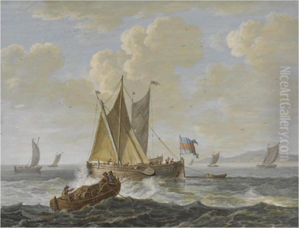 A Marine Scene, A Skiff Carrying Barrels To A Boeier Yacht, Other Boats Beyond Oil Painting by Hendrik Ii Kobell