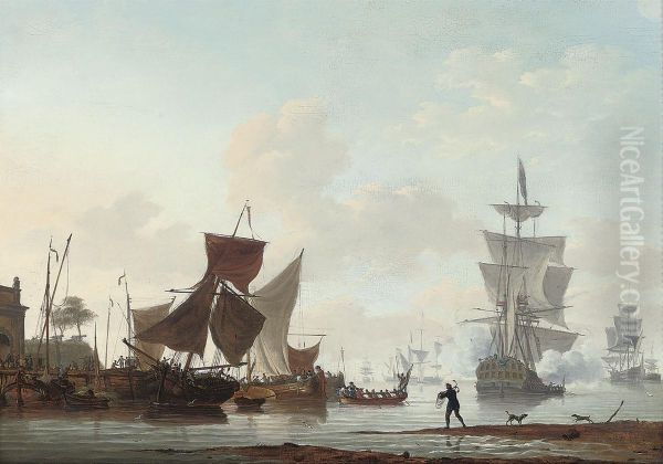 A Dutch Harbour With A Man-of-war Firing Its Cannon Oil Painting by Hendrik Ii Kobell