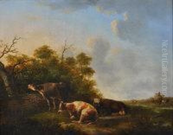 Cows Resting By A Wood With Haymaking In The Background Oil Painting by Jan I Kobell