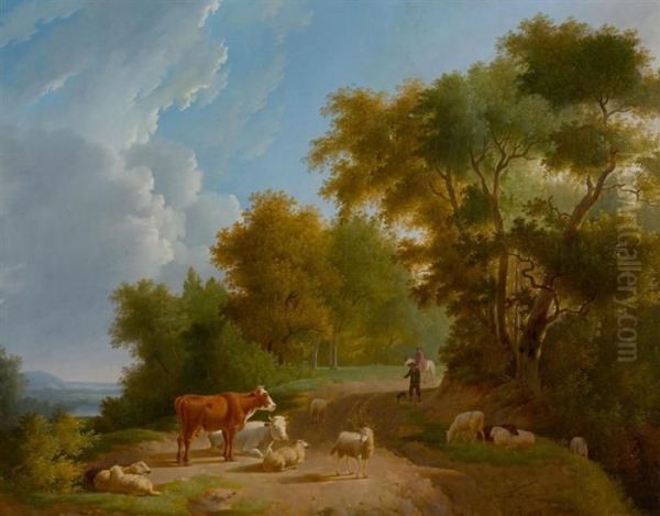 Summer Landscape With Shepherds And Flock. Oil Painting by Jan I Kobell