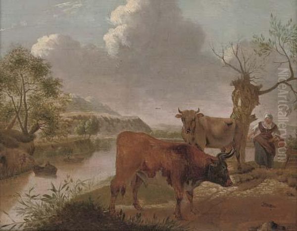 A Wooded River Landscape With Cattle And A Figure In The Foreground Oil Painting by Jan I Kobell