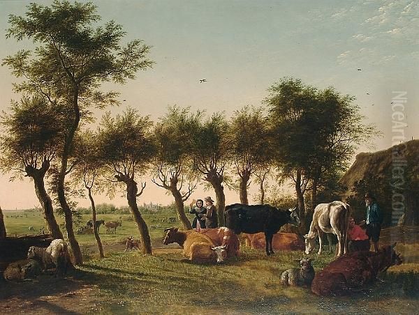 Figures With Cattle And Sheep In A Landscape Oil Painting by Jan I Kobell