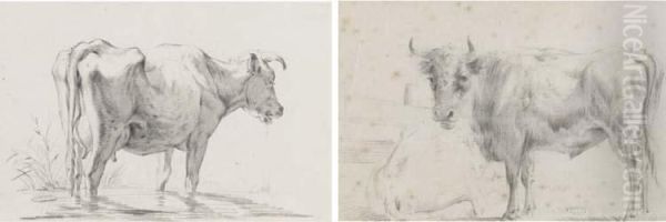 A Cow, Seen From Behind, Standing In A Stream; And Two Cows By Afence Oil Painting by Jan I Kobell