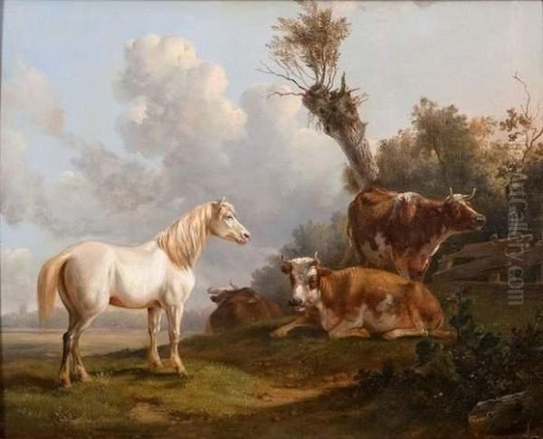 Vaches Et Cheval Blanc Oil Painting by Jan Kobell