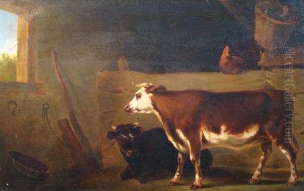 An Interior Of A Barn With Two Cows Hens And A Cockerel Oil Painting by Jan Kobell