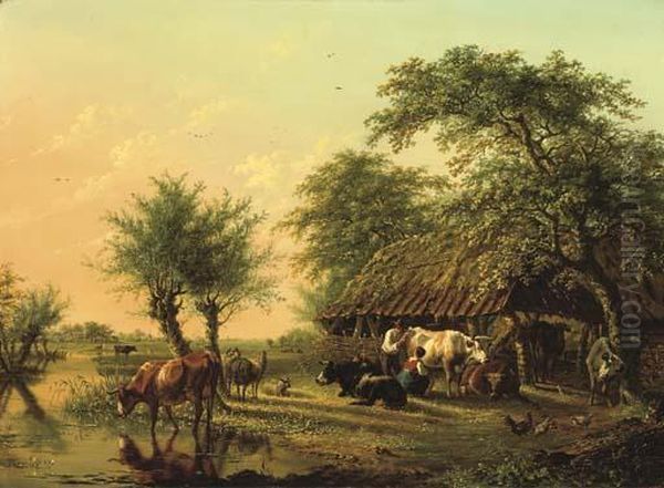 An Extensive Landscape With Cattle Near A Barn by Jan Kobell