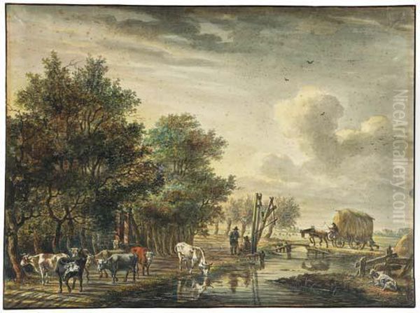 Herdsmen Watering Their Cattle By A River, A Horsedrawn Haycartcrossing A Bridge Nearby Oil Painting by Jan Kobell