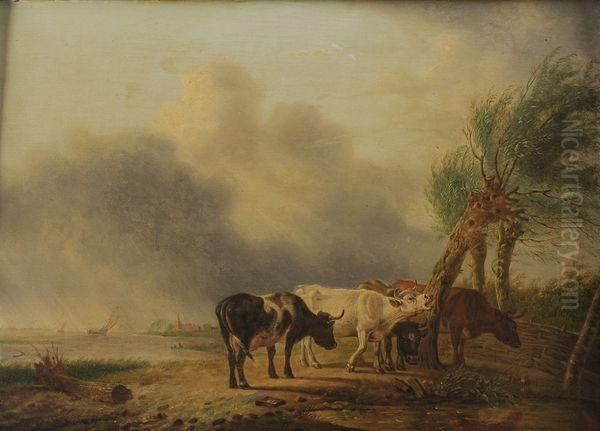 Vaches Au Bord D'un Etang Oil Painting by Janbaptist Ii Kobell