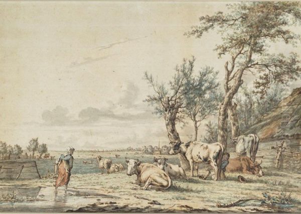 Peasants Milking And Watering In A Farmyard Oil Painting by Janbaptist Ii Kobell