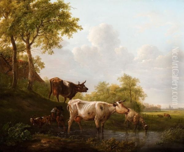 Cooling Off In The Pond By The Farm Oil Painting by Janbaptist Ii Kobell