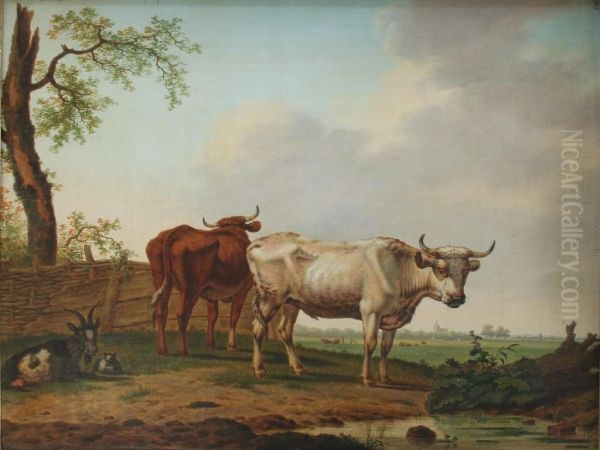 Cattle And Goats In A Field Oil Painting by Janbaptist Ii Kobell