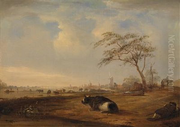 Wide Dutch River Landscape With Grazing And Resting Cattle Oil Painting by Janbaptist Ii Kobell