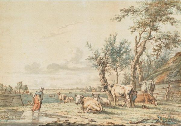 Peasants Milking And Watering In A Farmyard Oil Painting by Janbaptist Ii Kobell