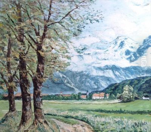 Blick Auf Ein Alpendorf Vor Verschneitem Bergzug Oil Painting by R. Kober