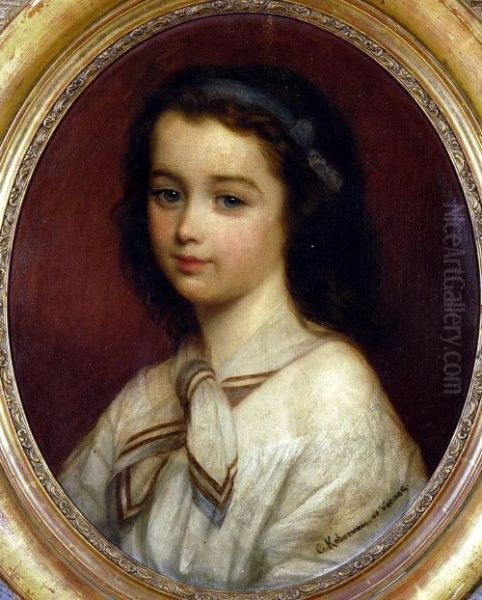 Portrait Of A Young Girl, Wearing An Alice Band And Neck Scarf Oil Painting by Georg Koberwein