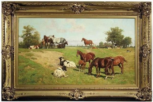 Extensivesummery Landscape With Horses And Cattle Oil Painting by Georg Koch