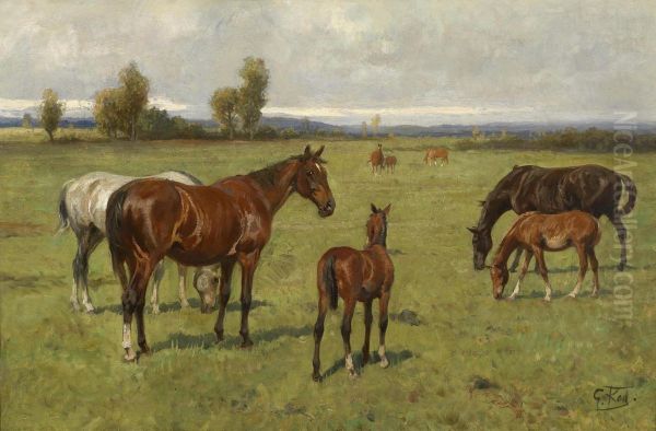 Horses In The Pasture Oil Painting by Georg Karl Koch