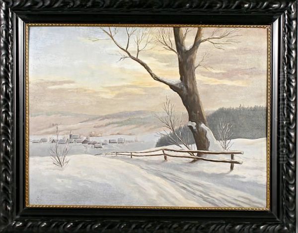 Weg In Tief Verschneite Winterlandschaft Mit Dorf Oil Painting by J. Koch