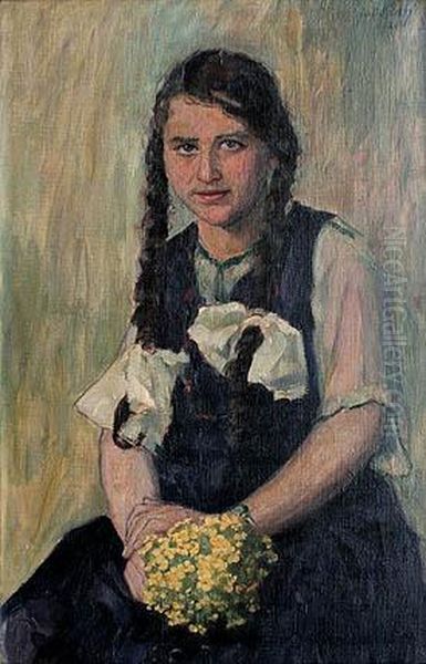 Girl With Plaits Oil Painting by Julius Koch