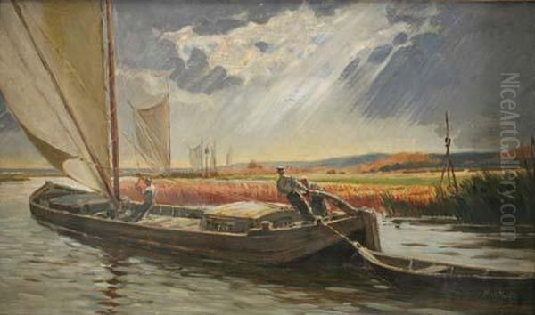 Lastkahne Auf Einem Gewasser Oil Painting by Max Friedrich Koch