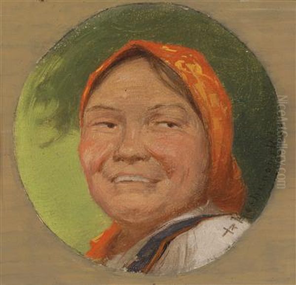 Laughing Peasant Woman Oil Painting by Roman Kochanowski