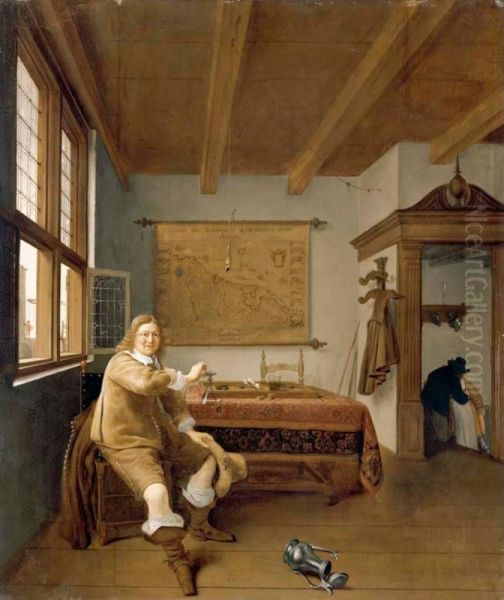 The Interior Of A Dutch House With A Seated Cavalier Holding An Upturned Wineglass Oil Painting by Isaack Koedijck