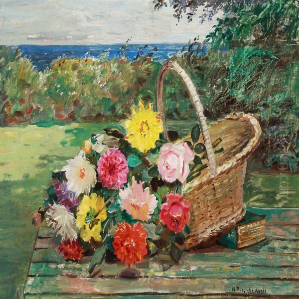 Still Life With Flowers In A Basket Oil Painting by Matthias Peschcke Koedt