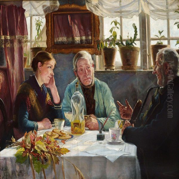 Interior With A Girl And Two Old Men Drinking Coffee And Schnapps Oil Painting by Hans Christian Koefoed