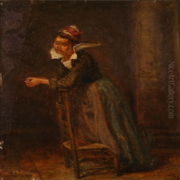 Interieur With A Young Woman Leaning Against A Ladder-backchair Oil Painting by Hans Christian Koefoed