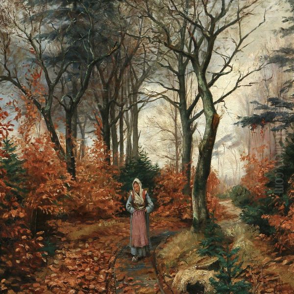 Woman In Anautumn Forest Oil Painting by Hans Christian Koefoed