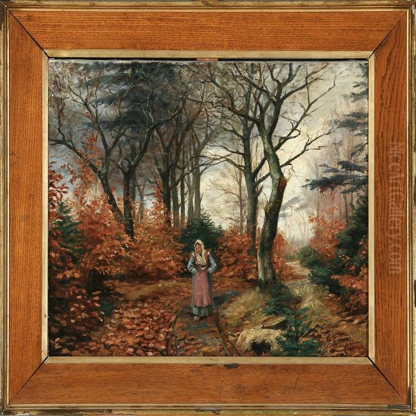 Woman In An Autumn Forest Oil Painting by Hans Christian Koefoed