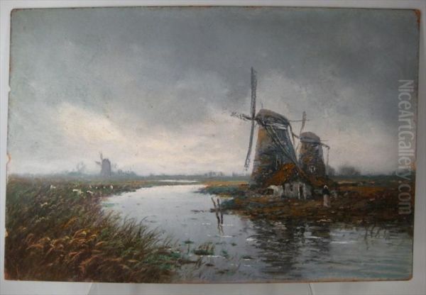 Landscape With Windmill And Figures Oil Painting by Paul R. Koehler