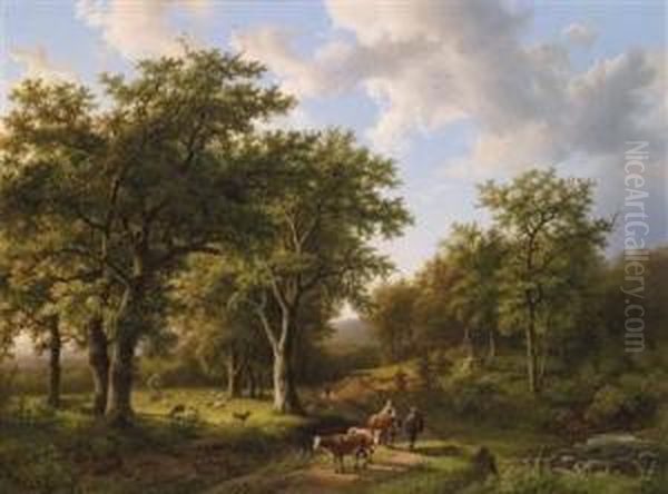 Woodland Landscape With Herdsman And Cattle Oil Painting by Barend Cornelis Koekkoek