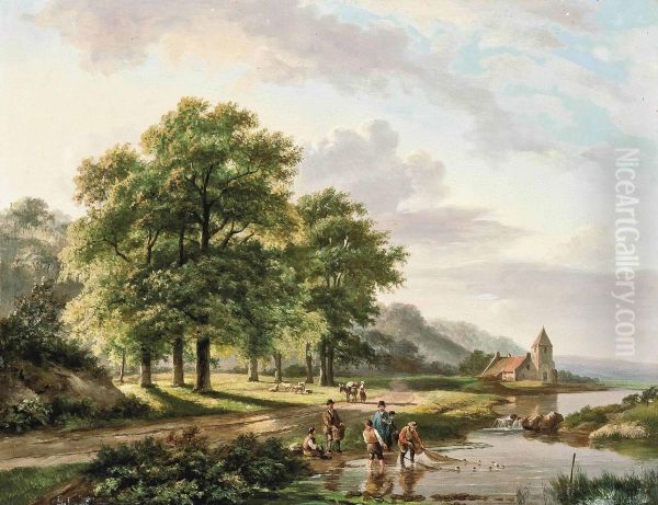 Fishermen By A Hamlet Oil Painting by Barend Cornelis Koekkoek