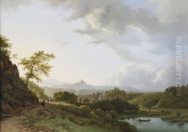 A Panoramic Summer Landscape With Travellers And A Castle Ruin In The Distance Oil Painting by Barend Cornelis Koekkoek