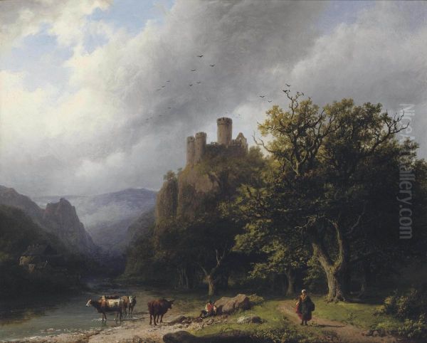 'een Bergachtig Landschap Waarin Een Kleine Waterval Bij Gewone Dag' Oil Painting by Barend Cornelis Koekkoek