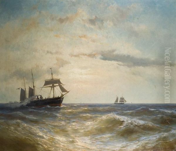 Schepen Op Zee Oil Painting by Hendrik Barend Koekkoek