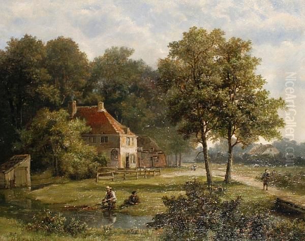 Anglers By A Stream Oil Painting by Hendrik Barend Koekkoek