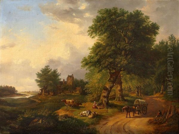 Landschaft Mit Hirten Und Pferdewagen Oil Painting by Hendrik Barend Koekkoek